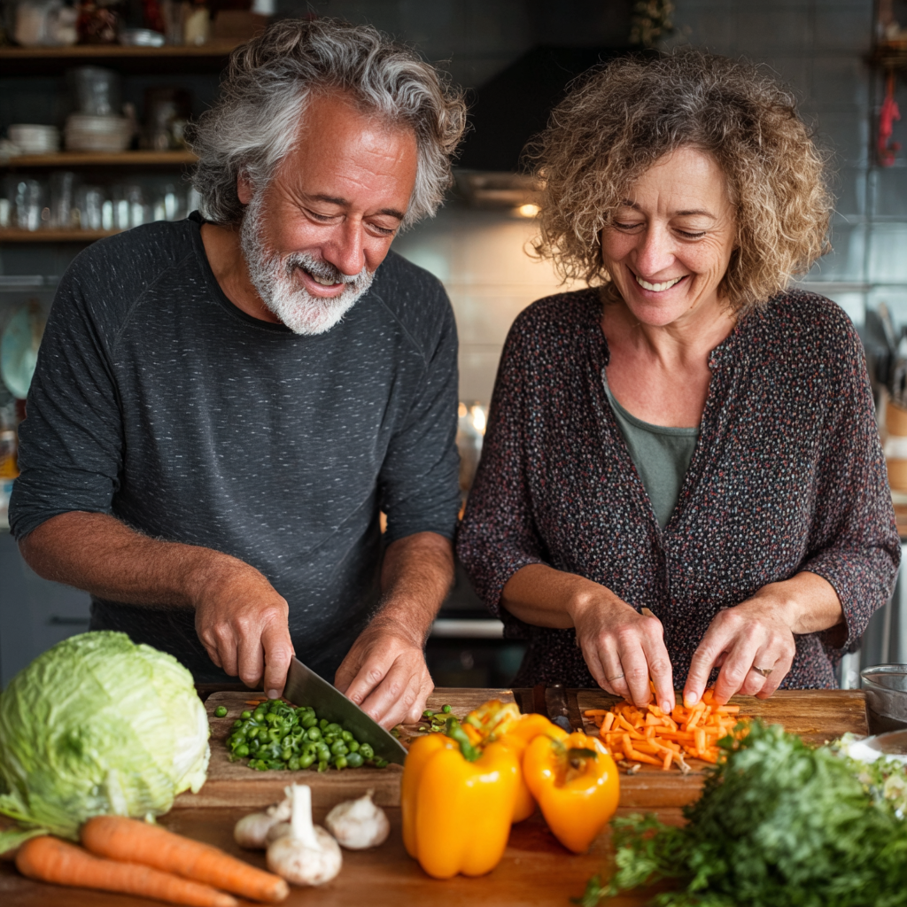 Healthy middle-aged couple in their fifties preparing fresh vegetables together in a modern kitchen, smiling and enjoying cooking nutritious meals