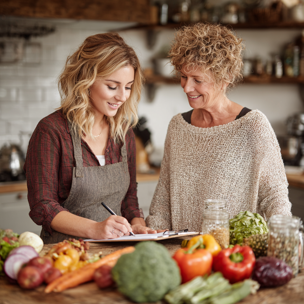 Professional nutritionist woman in her forties consulting with a middle-aged client about healthy meal planning in a bright, modern kitchen setting